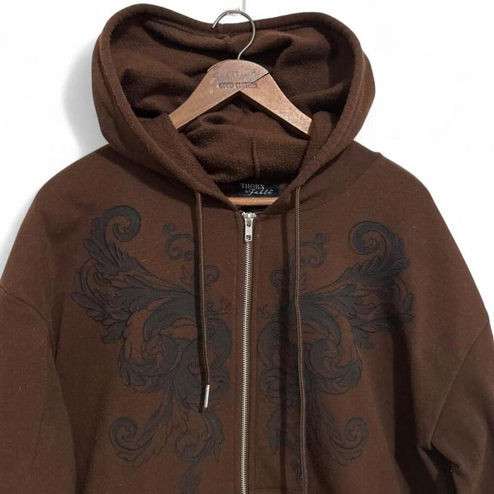 Thorn & Fable Brown Y2K Grunge Zip-Up Hoodie XL